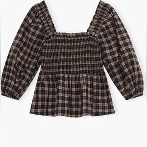GANNI Black & Tan Check Smocked Puff Sleeve Blouse Size 6